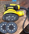 Two Pack Five Inch Eight Hole Hook And Loop Sanding Pad Replacement For DeWalt Orbital Sanders Built Tough For Real DWE6421 DWE6423 DCW210B N329079 6421K 6423K Compatible Backing Pad shown with yellow DeWalt sander on wooden surface.