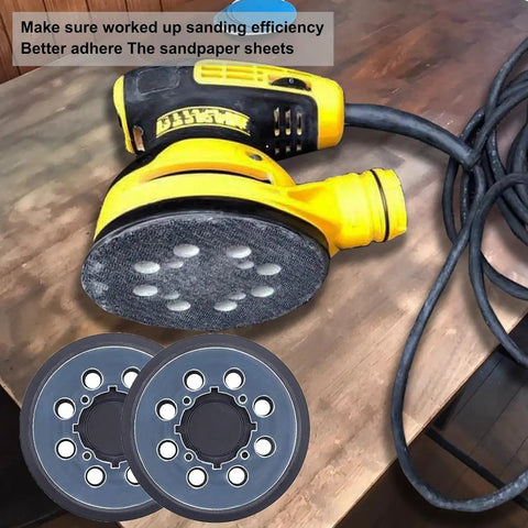 Two Pack Five Inch Eight Hole Hook And Loop Sanding Pad Replacement For DeWalt Orbital Sanders Built Tough For Real DWE6421 DWE6423 DCW210B N329079 6421K 6423K Compatible Backing Pad shown with yellow DeWalt sander on wooden surface.