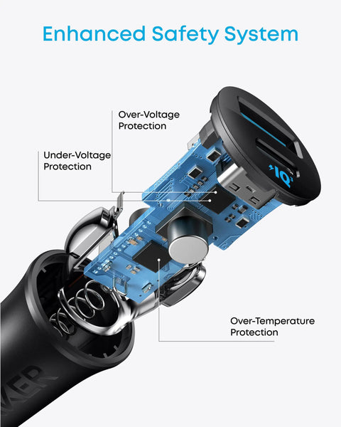 Interior view of Rapid 30W USB C Car Charger with Dual Ports Type C Power Delivery and PowerIQ 3.0 safety features