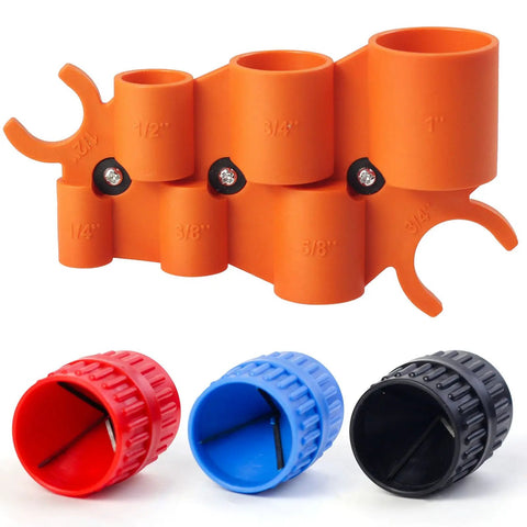 Pro Grade Pipe Deburring Tool Kit With One Quarter To One Inch Depth Gauge And One Eighth To One And Five Eighths Inch Inner Outer Reamer For Copper PVC CPVC PPR Brass Aluminum Pipe 4 Pack showing orange gauge and colored reamers