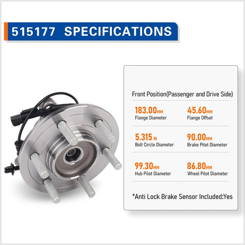 Front Wheel Hub Bearing Assembly For 2018 2019 Ford F-150 4WD With ABS Premium Replacement with specifications listed