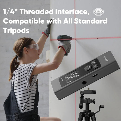 ProTap 2-in-1 Laser Measure & Line Laser 393 FT - Distance Meter shown with a woman using it on a wall for construction.