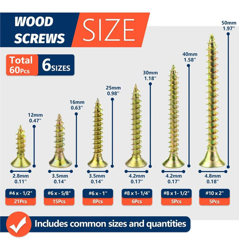 High Hardness Phillips Drive Flat Head Wood Screws With Coarse Threads For Strong Wood To Wood Joints size chart