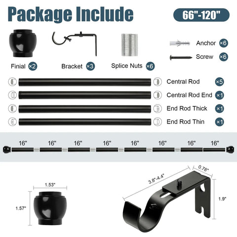 Package contents of Telescoping Curtain Rod For 66 To 120 Inches With 1 Inch Steel Rod, brackets, finials, and installation parts