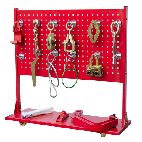 Heavy Duty Auto Body Frame Puller 5 Ton 49kN Straightener components displayed on red pegboard