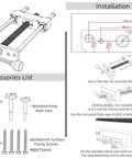 Installation diagram and accessory list for Rock Solid 11 Inch Front Mounted Woodworking Vise for Heavy Duty Workbenches.