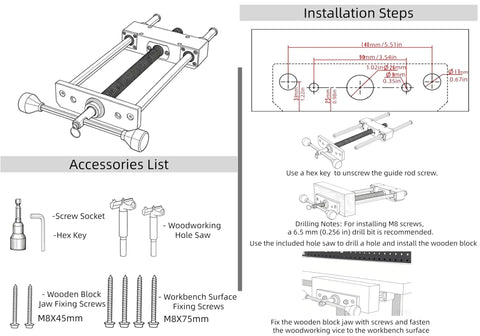 Installation diagram and accessory list for Rock Solid 11 Inch Front Mounted Woodworking Vise for Heavy Duty Workbenches.