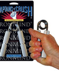 Premium Hand Gripper Trainer For Elite Beast Mode Grip Strength 100 LB With Knurled Aluminum Handles shown in hand front view