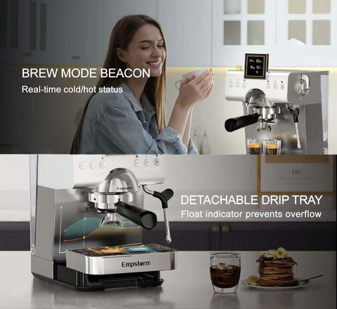 Woman using 20 Bar Espresso Machine With Steam Milk Frother, Stainless Steel Coffee Maker With LED Display For Home And Office