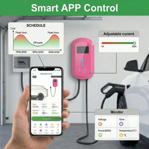 Level 2 Ev Charger To Smoothly Top Off Your EV Battery With 50Amp And 12Kw Raw Juice 240V Hardwired Hookup with app control and adjustable settings.