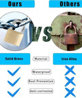 Comparison of solid brass vs iron alloy padlocks with features like waterproof and rust prevention highlighted.