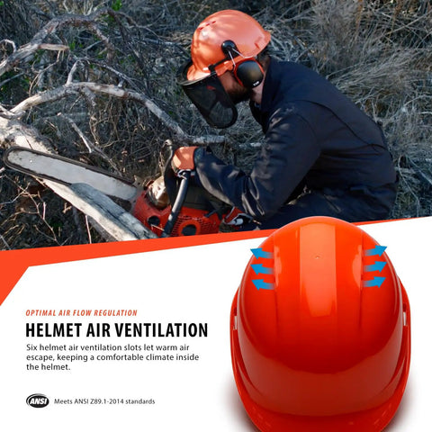 Forestry Safety Helmet With Adjustable Earmuffs And Visor, Orange Hard Hat Hearing Protection System For Woodcutting And Chainsaw Work
