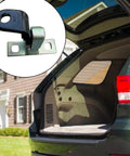 Automotive rear upper left door hinge, metal, installed on vehicle rear hatch.