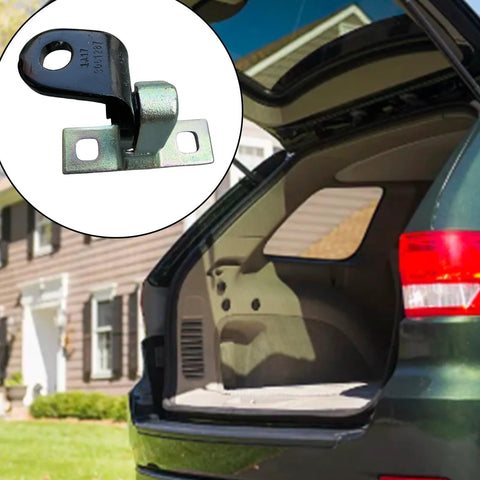 Automotive rear upper left door hinge, metal, installed on vehicle rear hatch.