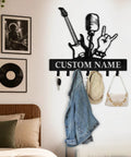 Personalized Guitar Key Holder For Wall With Custom Name, metal mount with guitar silhouette and hooks in home decor setting