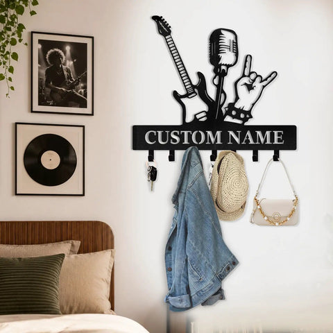 Personalized Guitar Key Holder For Wall With Custom Name, metal mount with guitar silhouette and hooks in home decor setting