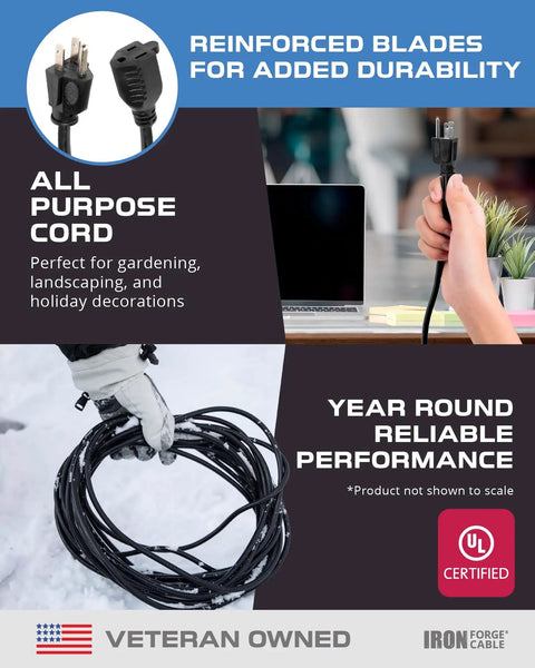 Two Pack 15 Foot Outdoor Extension Cord Sixteen Gauge Three Conductor Heavy Duty Vinyl Weatherproof 3 Prong held and coiled.