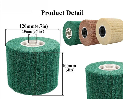 Heavy Duty 120mm Nylon Wire Polishing Wheel With 100x19mm Burnishing Drum Brush, green, for polishing metal surfaces.