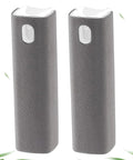 Two gray spray bottles from On The Go Screen Cleaning Kit With Spray And Microfiber Wipes For Car Displays, Phones, Tablets, Laptops, Computers And Eyewear, Safe Deionized Water Formula, Portable Travel Size.