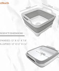 Collapsible Wash Basin 9L With Drain Plug Foldable Dish Tub dimensions expanded to 12x12x7.8 and collapsed to 12x12x2.6