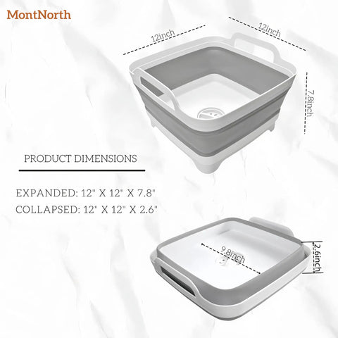 Collapsible Wash Basin 9L With Drain Plug Foldable Dish Tub dimensions expanded to 12x12x7.8 and collapsed to 12x12x2.6