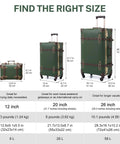 Image showing sizes for Vintage 3 Piece Luggage Set Hardside Lightweight Spinner Suitcases With Under Seat Train Case Army Green Retro Vibe Travel Gear