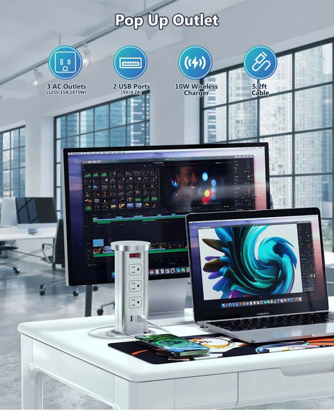 Pop Up Power Outlet With Wireless Charger Automatic Lift 3 Outlets And 2 USB Ports 10W Fast Wireless Pad, office setup
