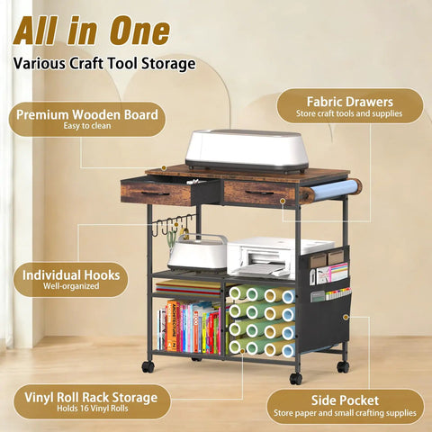 Mobile Craft Cart With 16 Vinyl Roll Holders And Built In Drawers Hooks And Shelves For Cricut Machines Heat Press And Tools All In One Rolling Workstation For Craft Room Home Or Studio Brown showing fabric drawers, vinyl storage, and hooks.