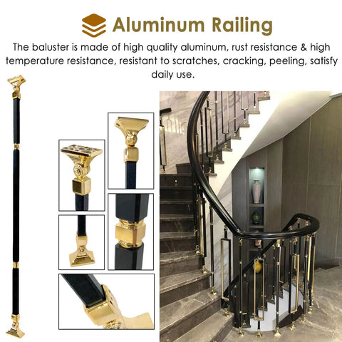 Top Notch Gold Aluminum Stair Balusters With Adjustable Railing Spindles crafted for indoor patio and deck use displaying elegant design.