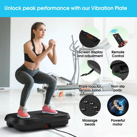 Woman using Vibration Plate For Lymphatic Drainage And Full Body Workout With Resistance Bands 450 Lbs Capacity Black at home gym