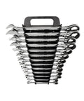 Ratcheting Wrench Set, Thirteen Piece, From Quarter Inch To One Inch, With Wrench Holder, Six Point Box Ends Grip Flat Sides