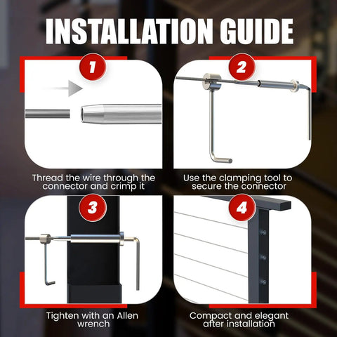 Installation guide for Invisible Stainless Steel Cable Railing Kit For One Eighth Inch Cable, showing step-by-step process.