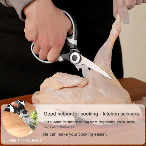 Three Pack Kitchen Scissors Set With Two Large Multi Purpose Scissors And One Curved Seafood Scissors For Chopping Meat Poultry Veggies And Seafood Heavy Duty Sharp Durable Kitchen Shears You Can Count On, cutting raw chicken