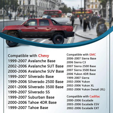 Image showing compatibility list for Door Hinge Roller Pin And Bushing Repair Kit For Chevy GMC 1999-2007 Trucks And SUVs.