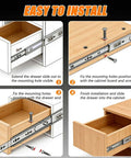 Installation steps for Heavy Duty Ball Bearing Drawer Slides 2 Pack, 342mm Full Extension Side Mount Rails in a cabinet.