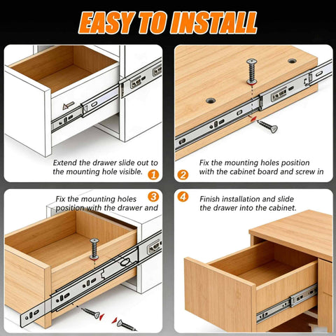 Installation steps for Heavy Duty Ball Bearing Drawer Slides 2 Pack, 342mm Full Extension Side Mount Rails in a cabinet.
