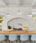 Ceramic Blue and White Pendant Light,Porcelain Light Fixture Kitchen Island above a modern kitchen island with blue stools.