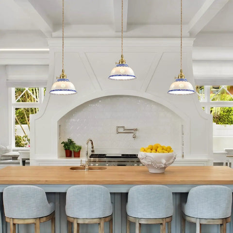 Ceramic Blue and White Pendant Light,Porcelain Light Fixture Kitchen Island above a modern kitchen island with blue stools.