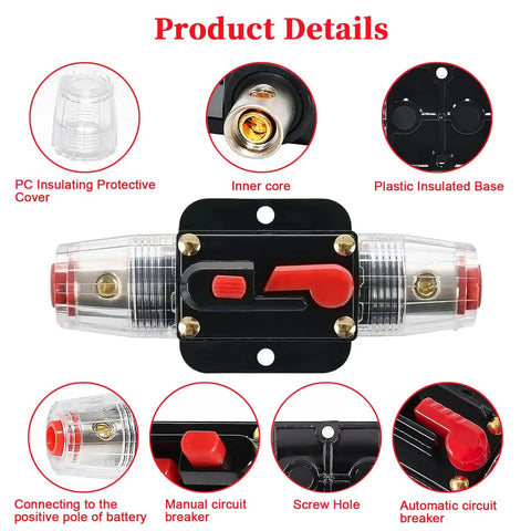 30 Amp Inline DC Breaker With Manual Reset And Auto Trip for marine, boat, RV, solar use, featuring kill switch and overload protection