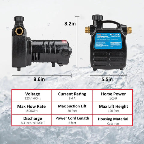 Water Transfer Pump, KITLUCK 120V 1/2 HP 1500GPH Cast Iron Electric Utility Water Pump with measurements and specifications shown.