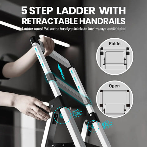 5 Step Ladder With Retractable Handrails, aluminum folding ladder shown open and folded with locking handgrip