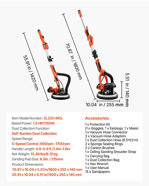 Premium Power Electric Drywall Sander Engineered For Fast Popcorn Texture Removal And Dust Free Cleanup With Variable Speed Control and Illuminating LED Lamp, 70.87 in height.