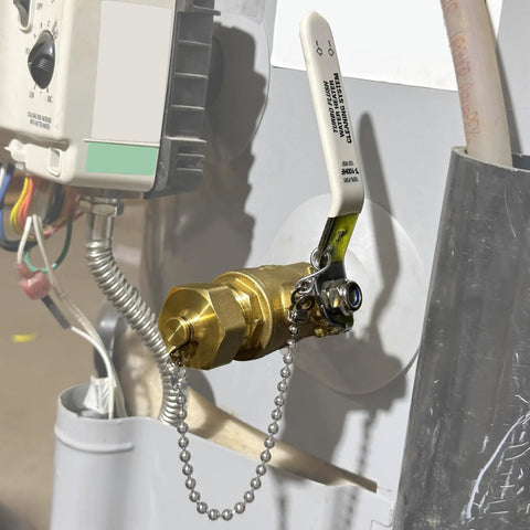 Turbo Flush Water Heater Drain Valve Kit with three quarter inch full port stainless steel nipple installed on heater.