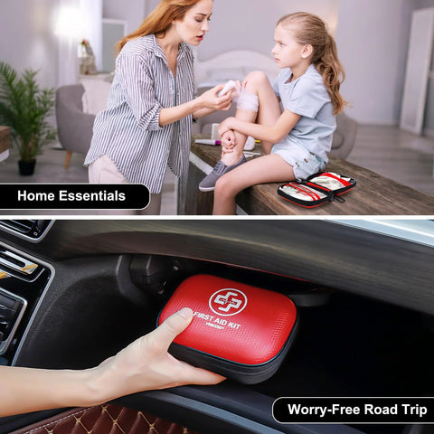 Mini First Aid Kit, red waterproof hard-shell case with 150 pieces for home or car use.