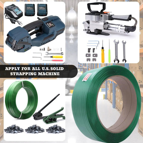 Rock-Solid 5/8" x 0.031" x 3773' PET Strapping Roll, 1014 lb Break Strength for Power Tools and Manual Crimpers next to tools.
