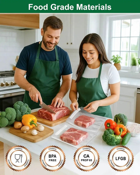 Quart Vacuum Sealer Bags For Food 8x11 Inch with Pre Printed Label Area BPA Free safe for storing meat and vegetables.