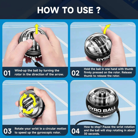 Instructional guide for using the Torque Ball Hand Exerciser Dope Grip Strength Trainer For Forearm Strengthener Wrist Power Gyro Ball Hand Strengthening Device Wrist Strengthener Finger Exerciser Auto Start Black Without Light, showing step-by-step usage instructions.
