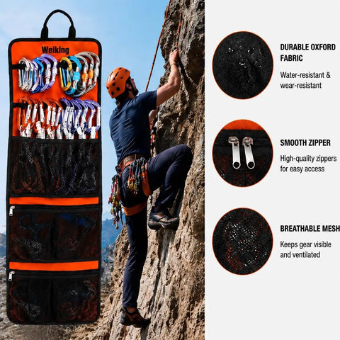 Rock Climbing Gear Storage Bag For Quickdraws And Small Parts Carabiner Hook Organizer displayed with climbing man.