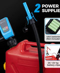 Portable Fuel Transfer Pump With Auto Stop Sensor 51 Inch Hose 3.2 Gallons Per Minute Fast And Safe Gas Can Pump For Oil Battery Or DC Power Manual Nozzle Type Blue next to a red fuel container.
