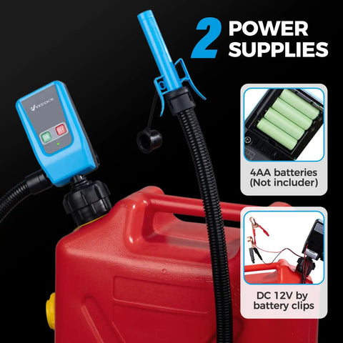 Portable Fuel Transfer Pump With Auto Stop Sensor 51 Inch Hose 3.2 Gallons Per Minute Fast And Safe Gas Can Pump For Oil Battery Or DC Power Manual Nozzle Type Blue next to a red fuel container.